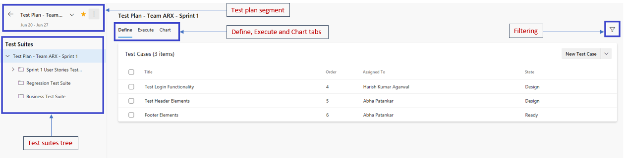 Novos recursos da página Test Plans.