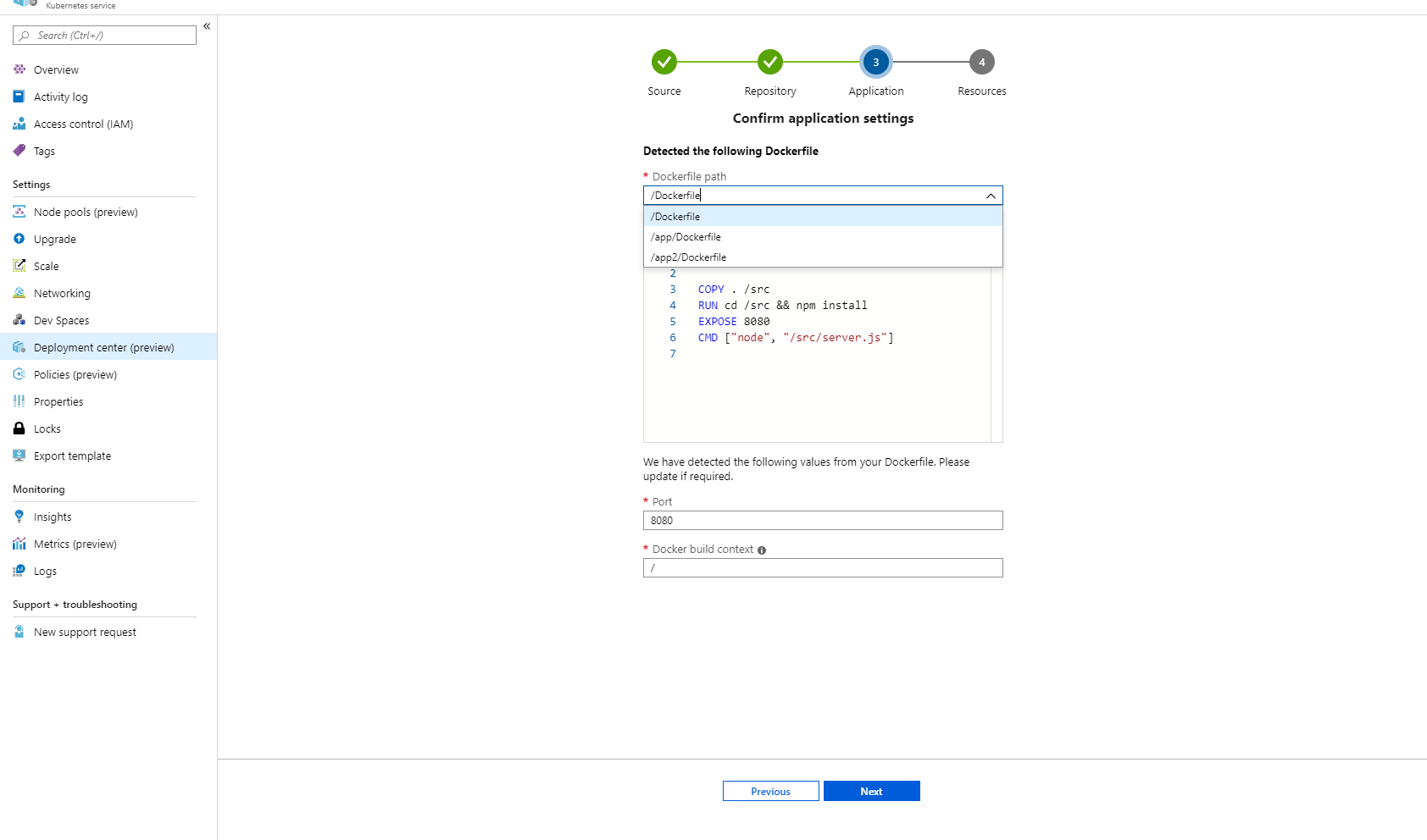 selecione um Dockerfile no centro de implantação para AKS e Contêineres do WebApp.