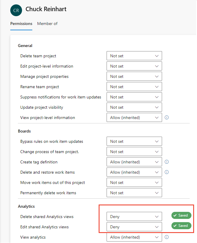 Captura de tela das permissões no nível do projeto do usuário, permissões do Analytics alteradas.