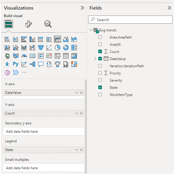 Captura de tela das seleções de Visualizações e Campos do Power BI para o relatório de tendências de bugs. 