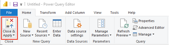 Captura de tela do Power BI Power Query Editor, Close & Apply.