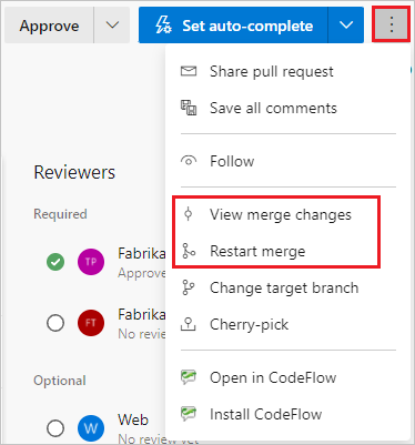 Captura de tela que mostra as opções Exibir mesclagem e Reiniciar mesclagem no menu Mais opções do P R.