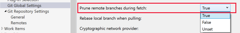 Captura de tela da configuração Remover ramificações remotas durante a busca nas Configurações Globais do Git na caixa de diálogo Opções do Visual Studio.