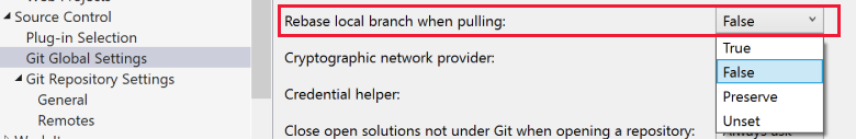 Captura de tela da configuração Trocar base nas Configurações Globais do Git na caixa de diálogo Opções do Visual Studio.