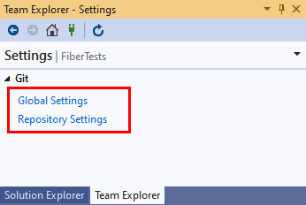 Captura de tela do link Configurações Globais e do link Configurações do Repositório na exibição Configurações do Team Explorer.