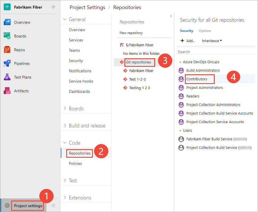 Configurações doprojeto>Código>Repositórios>Repositórios Git>Segurança