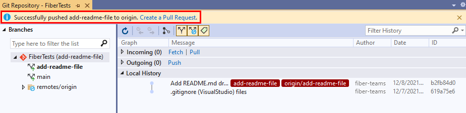 Captura de tela do botão 'Criar uma solicitação de pull' na janela 'Repositório do Git' no Visual Studio.