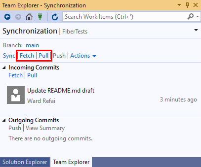 Captura de tela do link Push no modo de exibição Sincronização do Team Explorer no Visual Studio 2019.