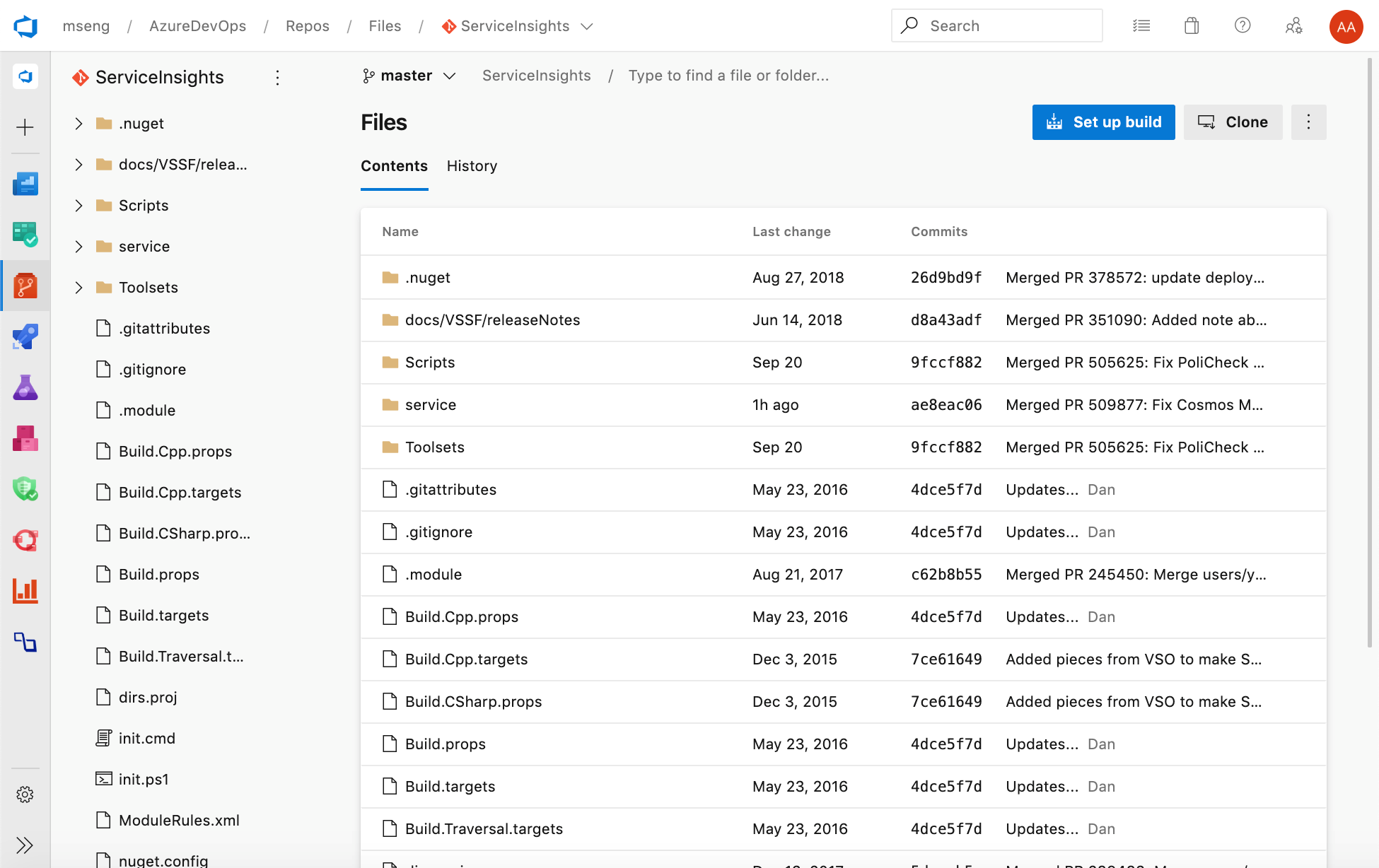 Captura de tela da nova interface do usuário da Web para Azure Repos páginas de aterrissagem.