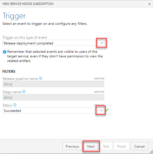 Captura de tela dos campos de configuração para disparar evento no Azure DevOps.