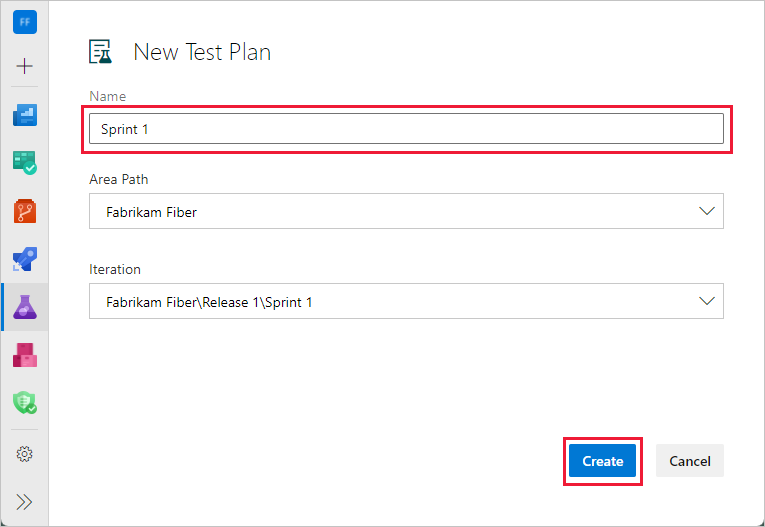 Captura de tela da adição de detalhes do plano de teste para Azure DevOps Server 2020 e Azure DevOps Services.