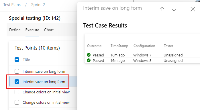 A captura de tela mostra os resultados do teste de um ponto de teste.