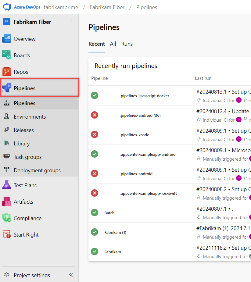 Captura de tela da página de aterrissagem do Azure Pipelines.