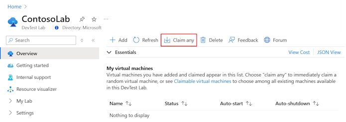 Captura de tela que mostra como instruir o DevTest Labs a reivindicar qualquer máquina virtual.