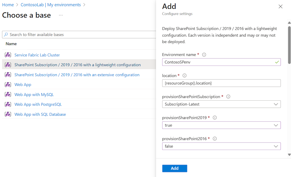 Captura de tela que mostra o painel Adicionar com as configurações para um ambiente do SharePoint.