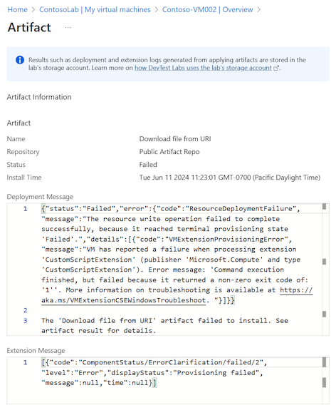 Captura de tela dos detalhes do artefato com falha, incluindo informações de implantação e mensagem de extensão.