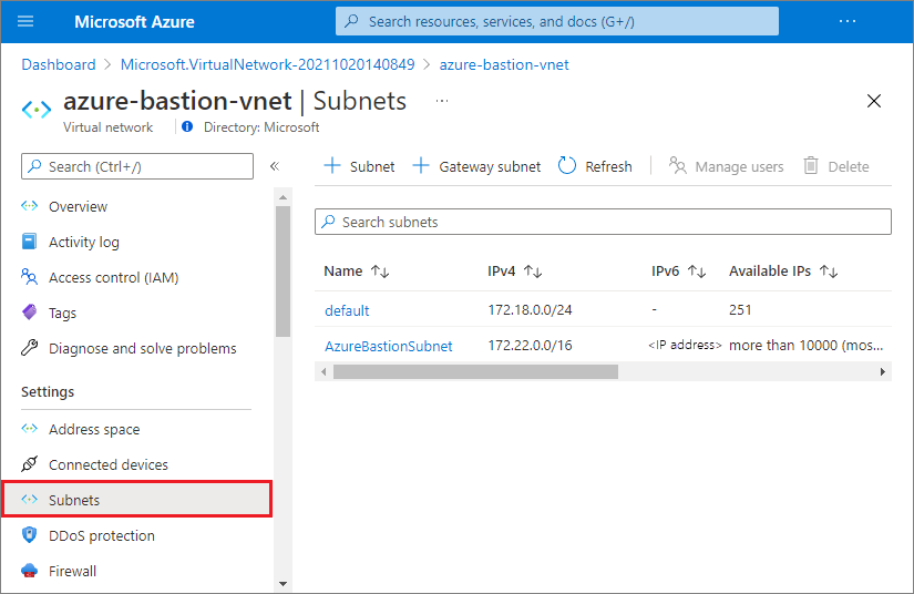 Captura de tela que mostra as duas sub-redes na rede virtual do Azure Bastion.