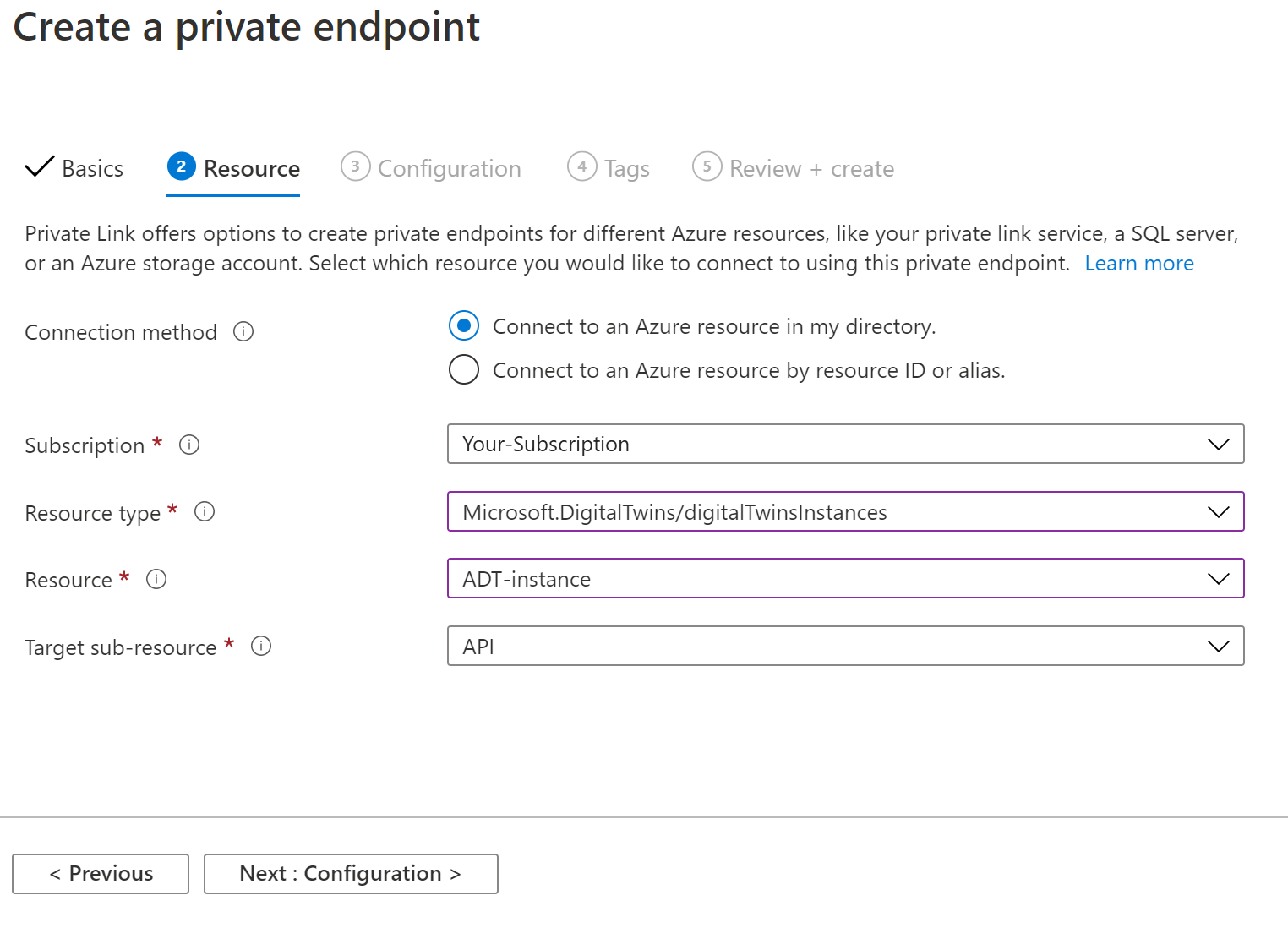 Captura de tela do portal do Azure mostrando a segunda guia (Recurso) da caixa de diálogo Criar um ponto de extremidade privado. Ela contém os campos descritos acima.