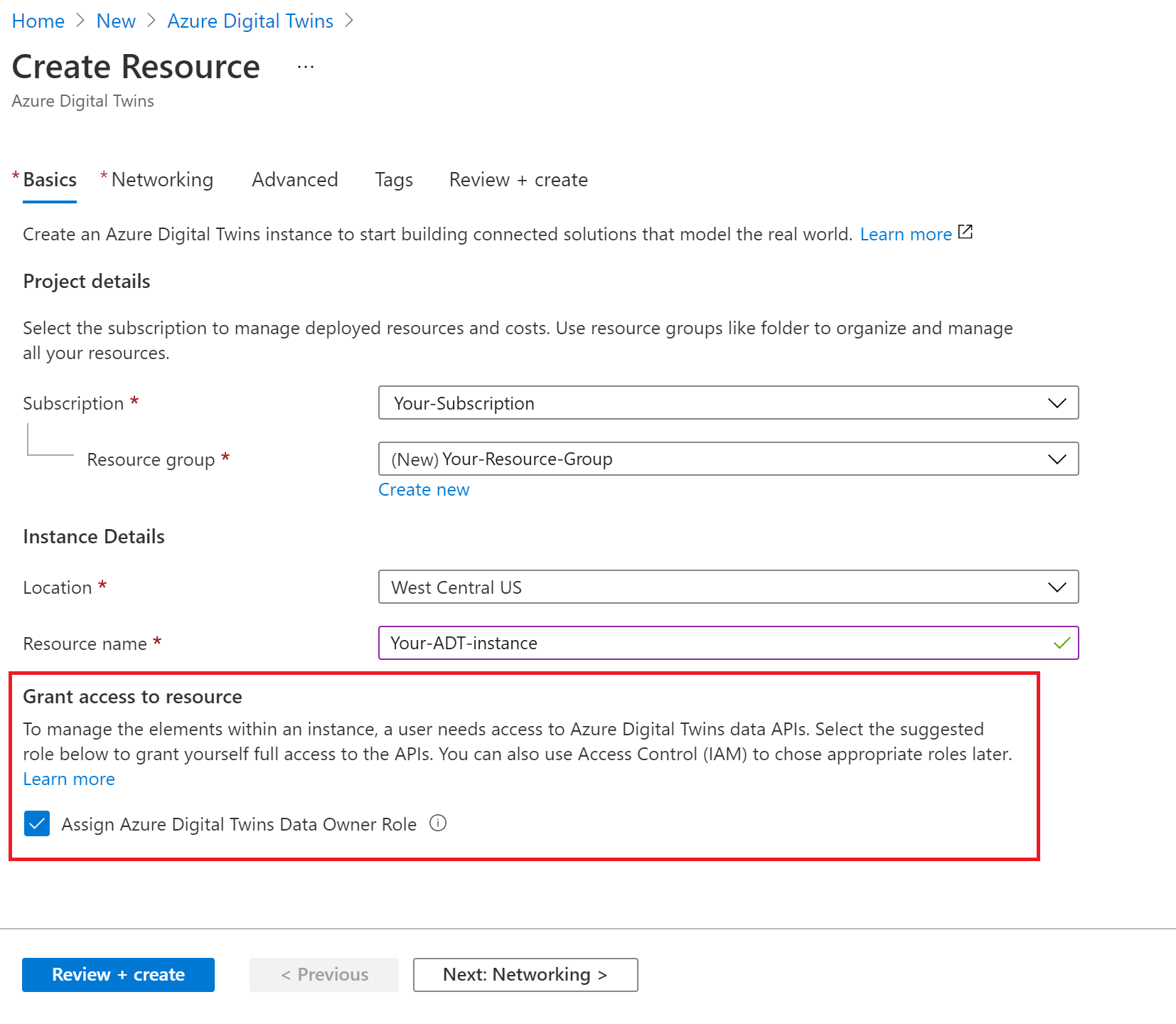 Captura de tela do processo Criar recurso dos Gêmeos Digitais do Azure no portal do Azure. A caixa de seleção em Permitir acesso ao recurso está realçada.