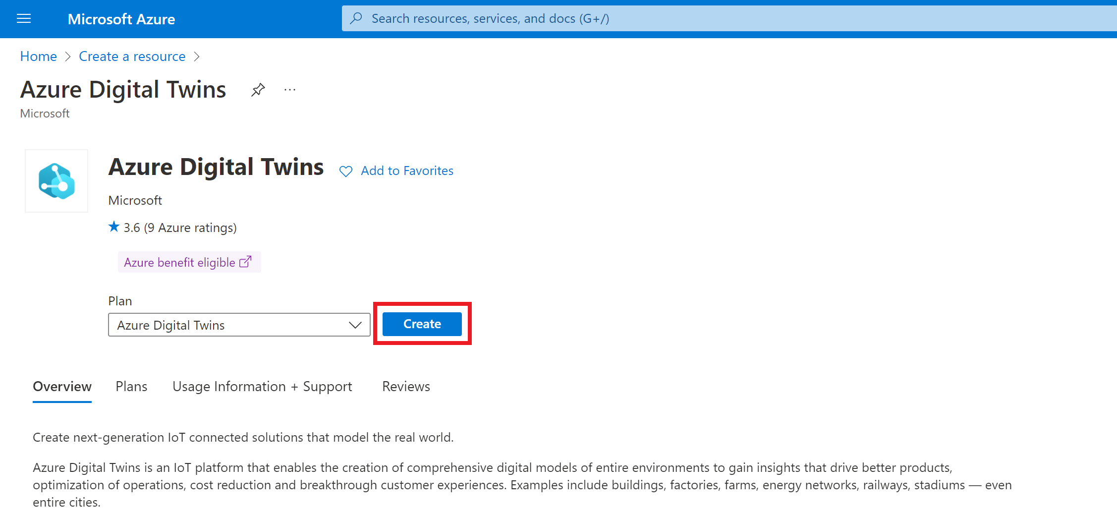 Captura de tela do portal do Azure, realçando o botão 'Criar' na página do serviço Gêmeos Digitais do Azure.