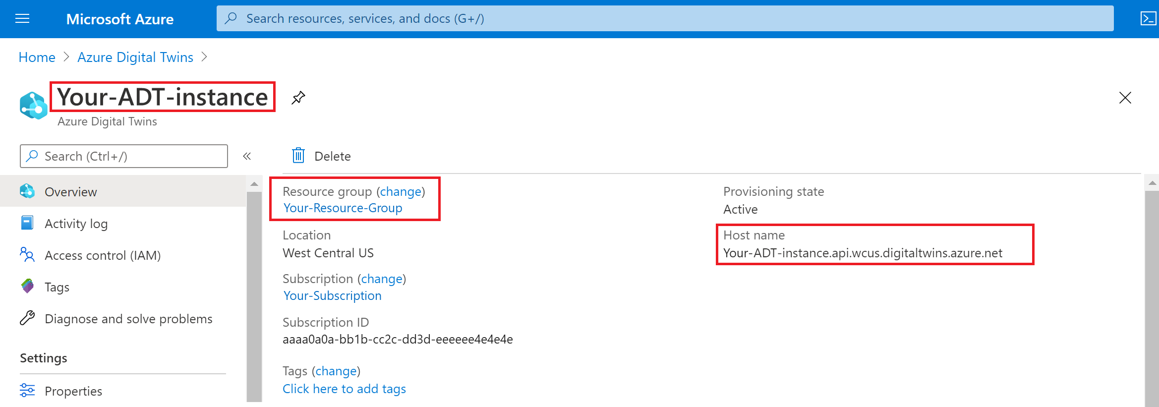 Captura de tela do portal do Azure, realçando os valores importantes da página Visão geral da instância dos Gêmeos Digitais do Azure.