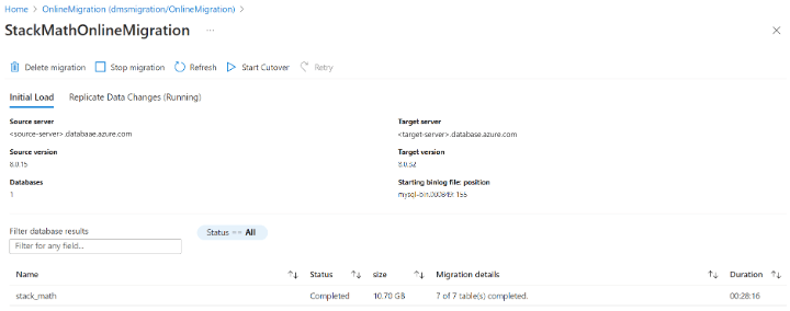 Captura de tela de uma migração com carregamento inicial concluído.