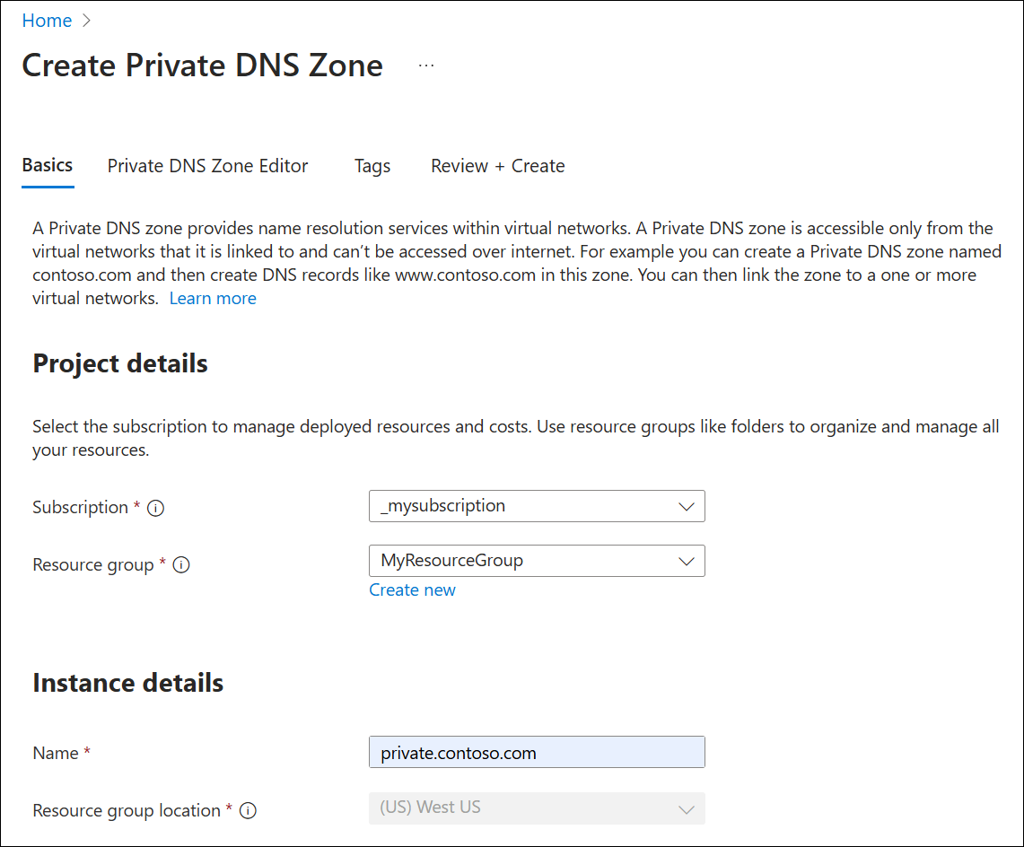 Captura de tela que mostra a criação de uma zona DNS privada.