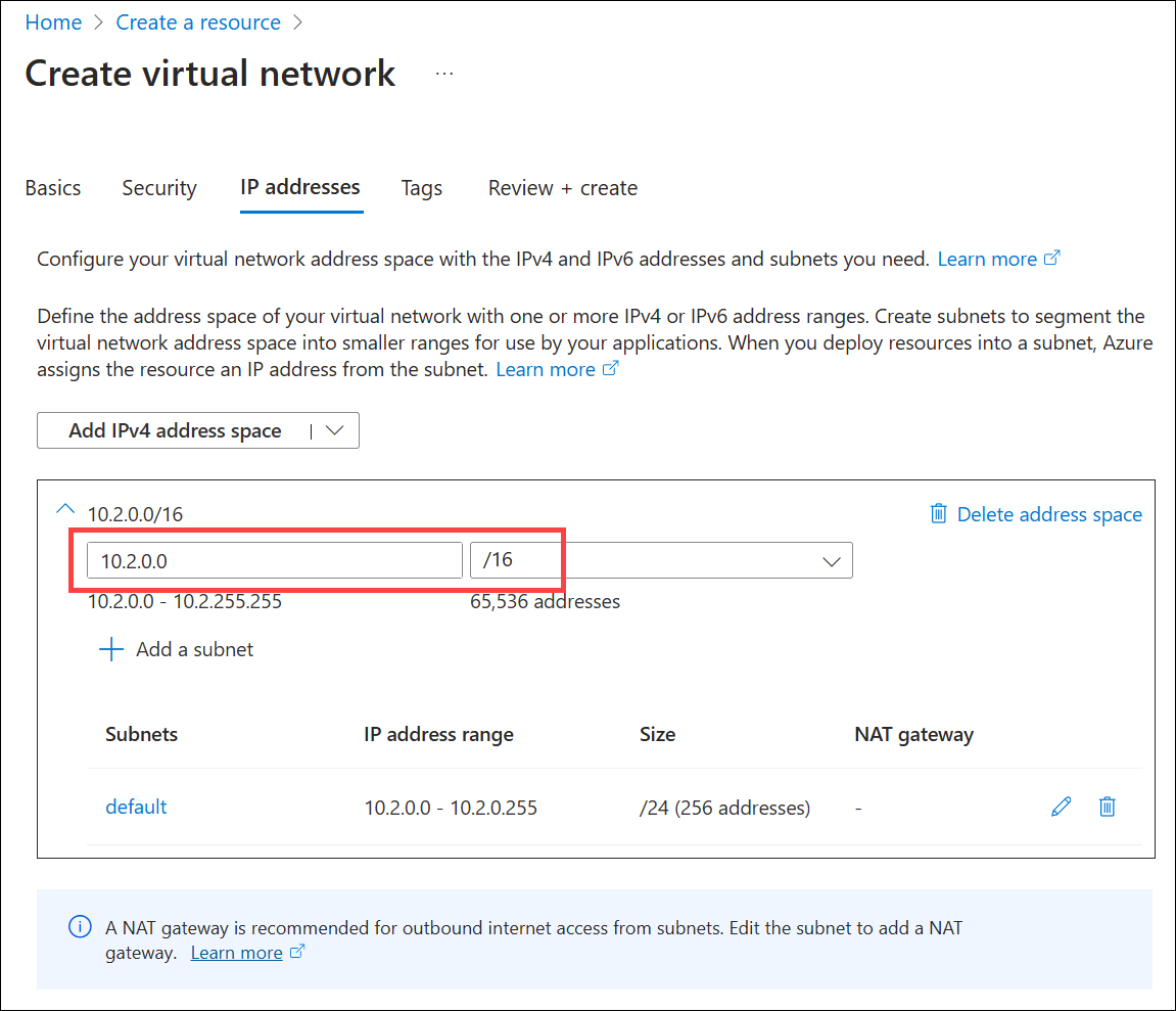 Captura de tela da especificação do espaço de endereço IPv4 da VNet.