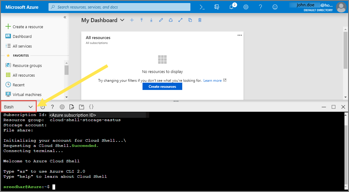 Captura de tela mostrando o Cloud Shell inicializado.