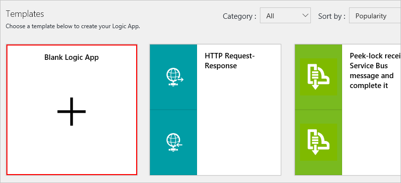 Captura de tela mostrando modelos de Aplicativos Lógicos do Azure com o modelo 