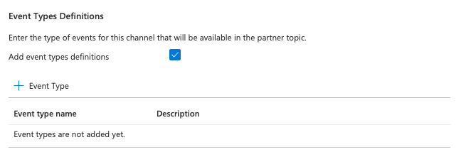Screenshot that shows the Event Types Definitions section with Add event types definitions option selected.