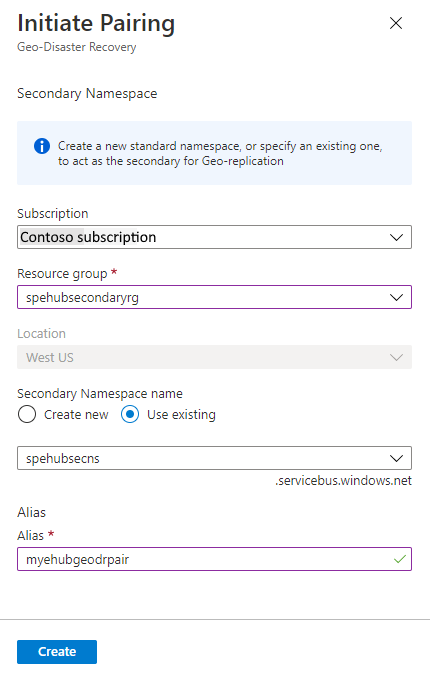 Captura de tela mostrando a seleção do namespace secundário para o emparelhamento.