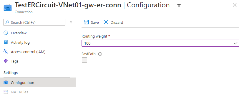 Captura de tela da configuração do peso da conexão por meio do portal do Azure.