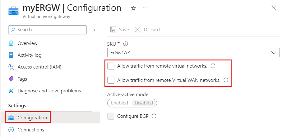 Captura de tela mostrando como habilitar a VNet para VNet e VNet para o tráfego WAN.