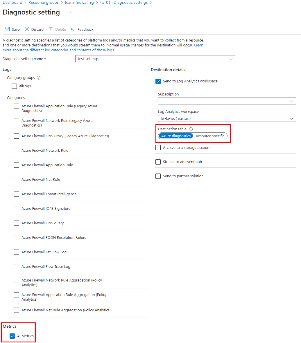 Captura de tela da configuração de diagnóstico do Firewall do Azure.