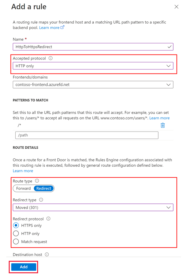 Captura de tela de adicionar uma rota de redirecionamento HTTP para HTTPS.