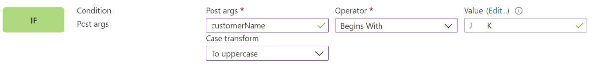 Captura de tela do portal mostrando a condição de correspondência argumentos post.