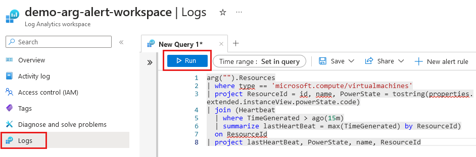 Captura de tela do workspace do Log Analytics com uma consulta cruzada das tabelas Recursos e Pulsação que realça os logs e o botão executar.