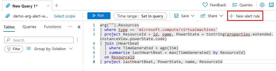 Captura de tela do workspace do Log Analytics que mostra uma consulta cruzada e realça a nova regra de alerta.