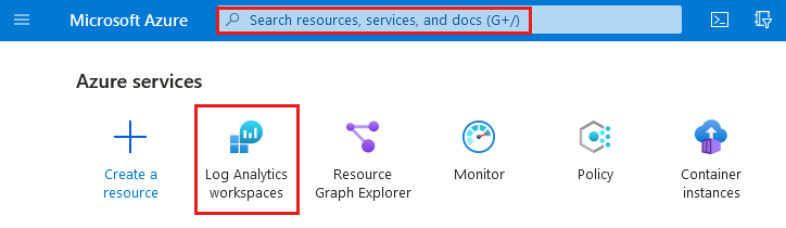 Captura de tela da página inicial do Azure que realça o campo de pesquisa e os workspaces do Log Analytics.