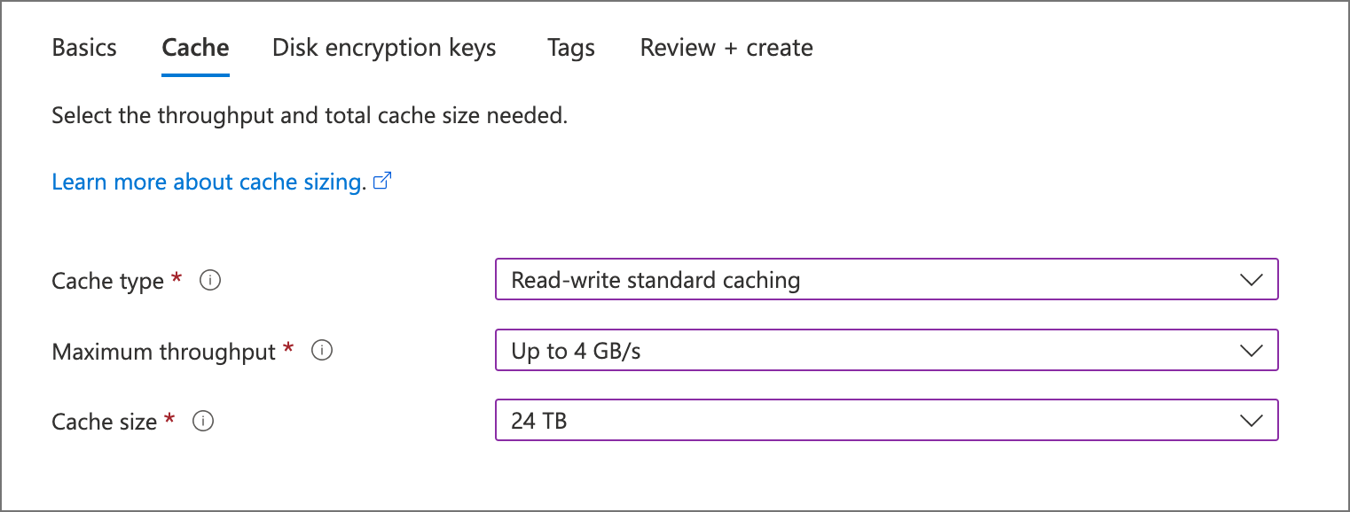 Captura de tela da guia cache no assistente de criação do portal do Azure. Há controles para selecionar o tipo de cache, a taxa de transferência máxima e o tamanho do cache.