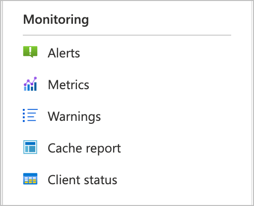 Captura de tela do menu Monitoramento à esquerda da interface do portal do Azure para o HPC Cache.