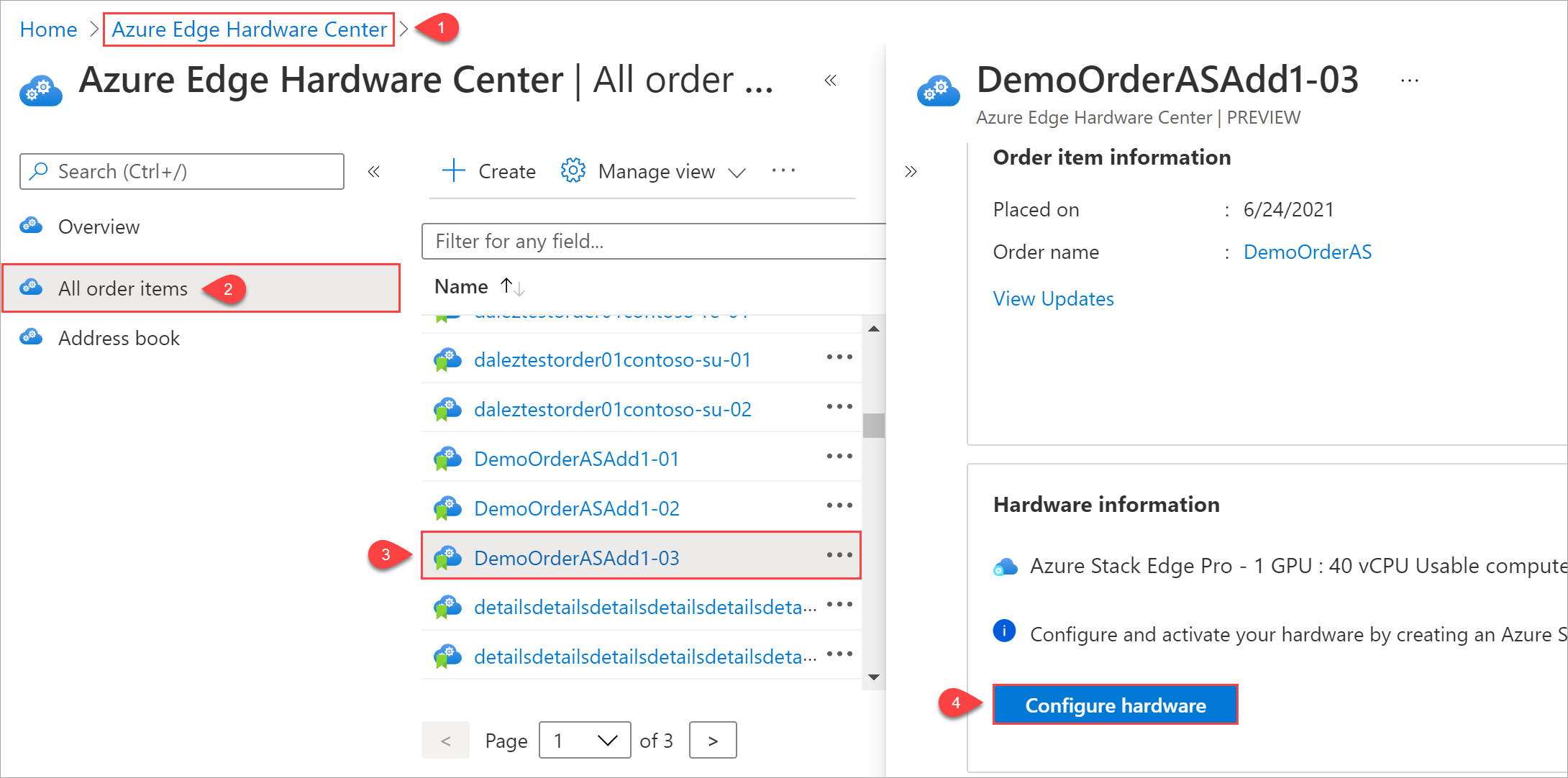 Ilustração mostrando quatro etapas para iniciar a criação de recursos de gerenciamento a partir de um item de pedido no Azure Edge Hardware Center.