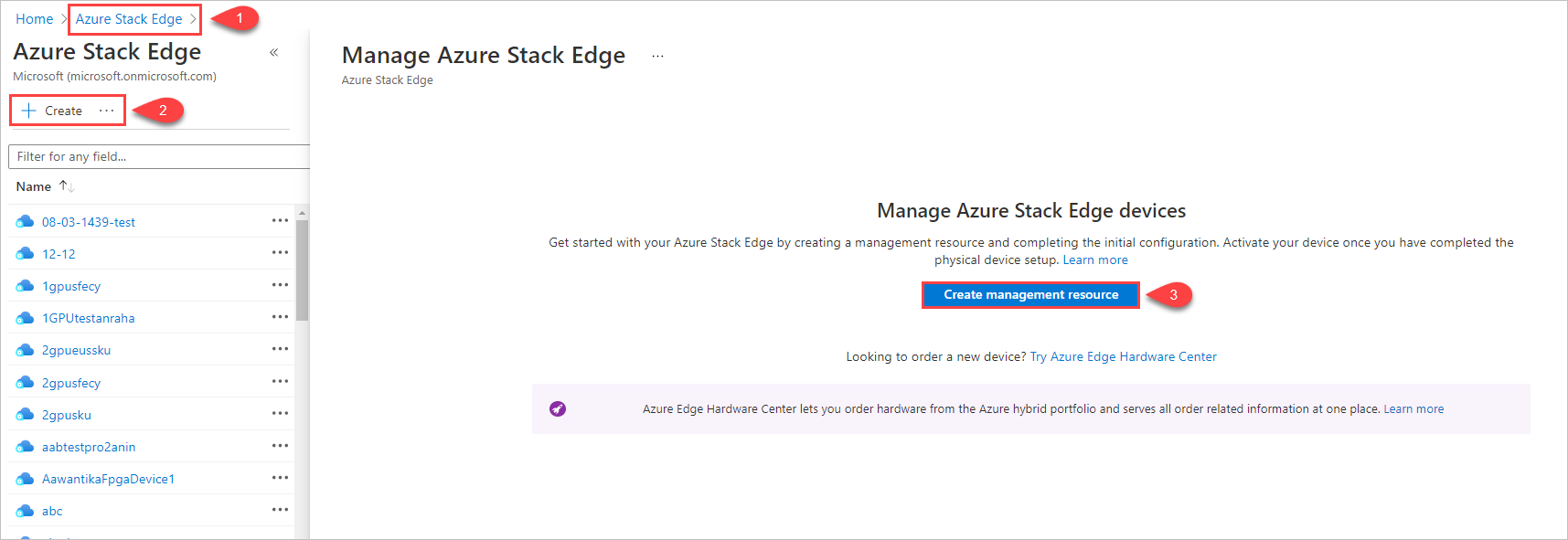 Ilustração que mostra as três etapas para iniciar a criação de recursos de gerenciamento no Azure Stack Edge.