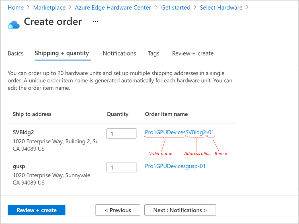 Ilustração da guia Envio e Quantidade para pedido do Azure Edge Hardware Center com 2 endereços. As partes de um nome de item de pedido são identificadas.