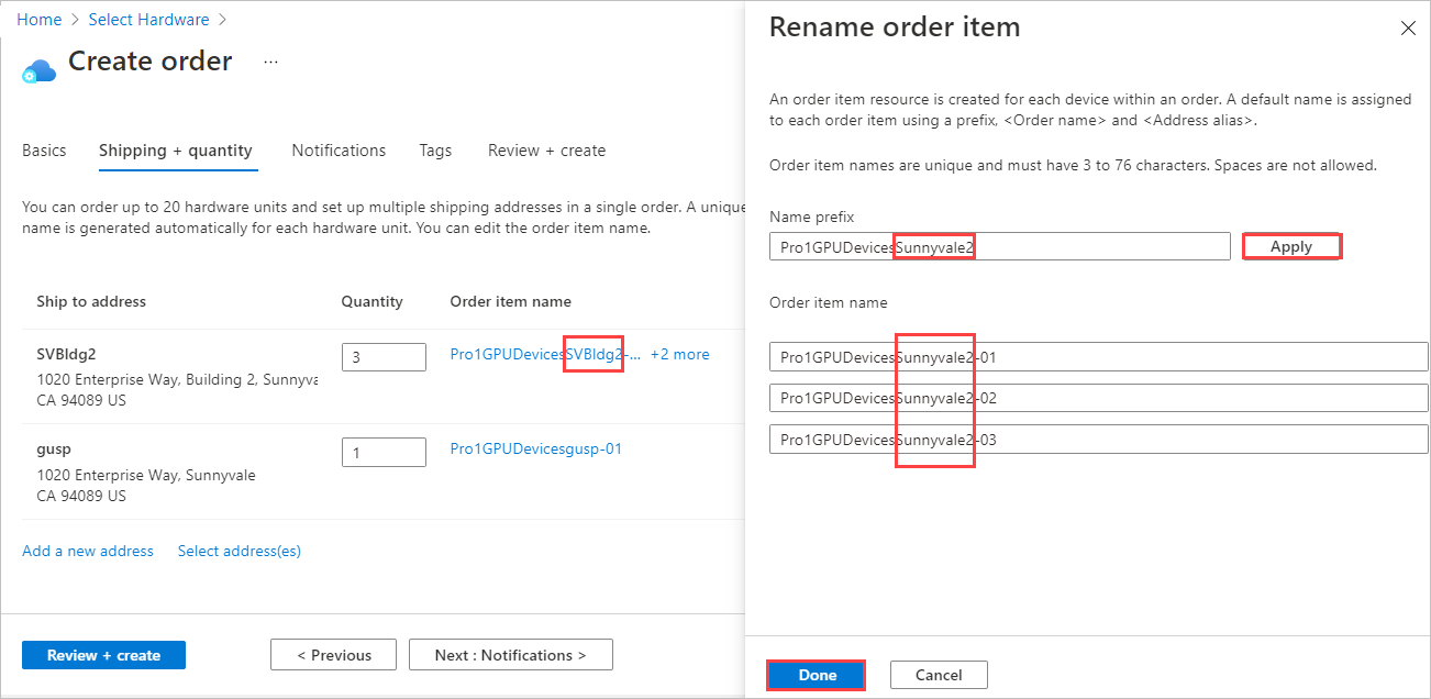 Captura de tela mostrando como renomear itens de um pedido do Azure Edge Hardware Center