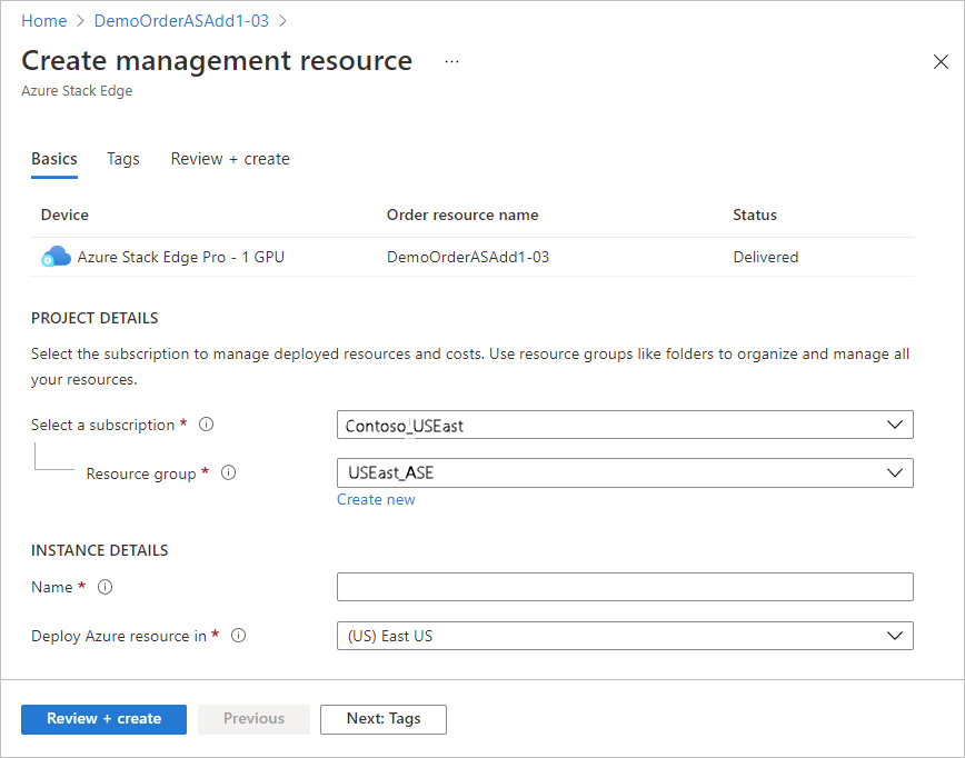 Captura da tela Criar recurso de gerenciamento para um item enviado de um pedido do Azure Edge Hardware Center.