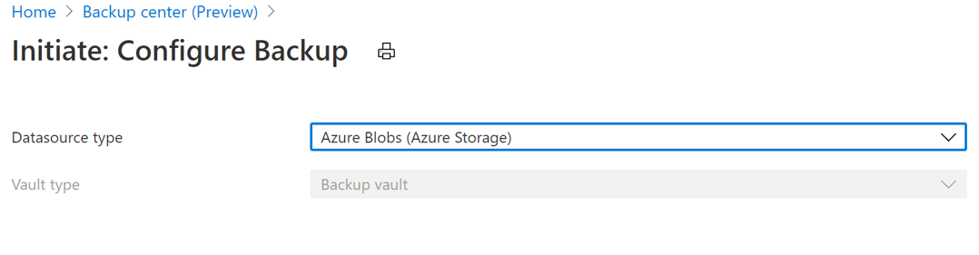 A captura de tela mostra como iniciar a configuração do backup de blob em cofre.