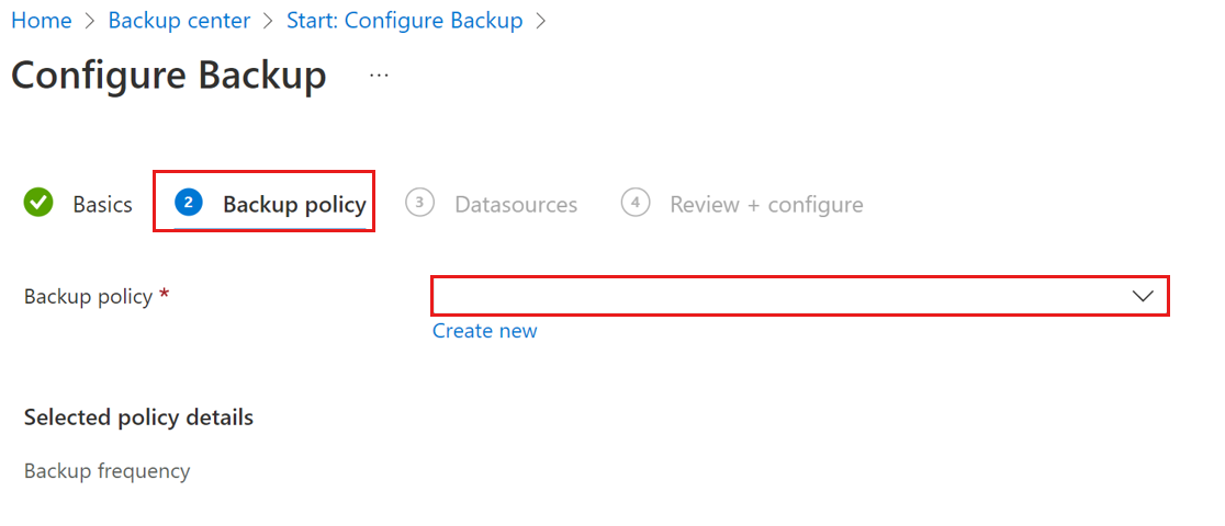 A captura de tela mostra como selecionar a política para o backup de blob em cofre.