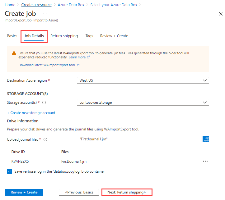 Captura de tela da guia Detalhes do Trabalho para um trabalho de importação no Azure Data Box. A guia Detalhe do Trabalho e Avançar: botão Remessa de Devolução estão realçados.